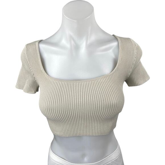 Aritzia Babaton Gray Short Sleeve Ribbed Knit Sculpt Square Neck Crop Top Sz XS - Picture 1 of 4